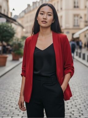 Nine West Bright Red Open-Front Blazer with Rolled Sleeves Small Oversized